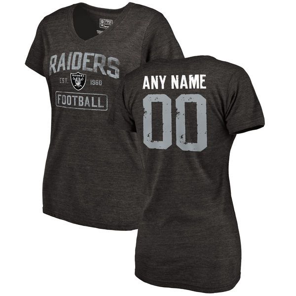 Women Black Oakland Raiders Distressed Custom Name and Number Tri-Blend V-Neck NFL T-Shirt->nfl t-shirts->Sports Accessory